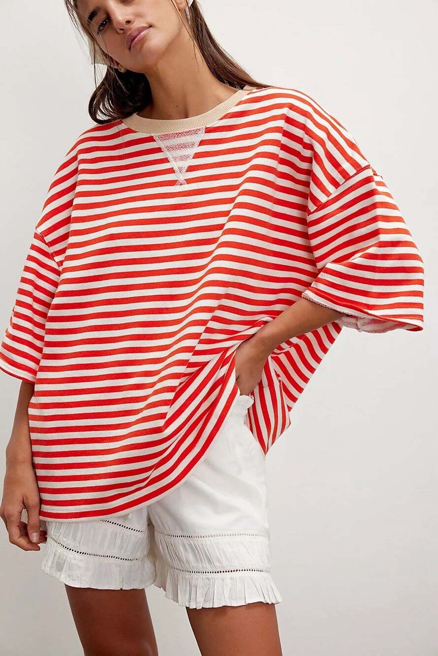 We The Free Free People Top Classic Striped Oversized Crewneck Tangerine Shslv